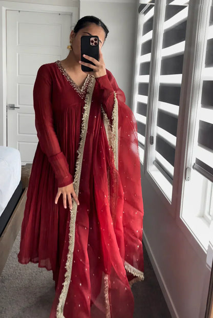 Mul Cotton Hand Work Anarkali with Churi Sleeves Set of 3